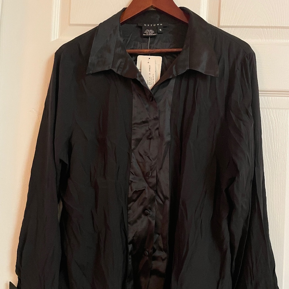 Oxygen Women Silk Deep Black Blouse Long Sleeves & Elegant NWT Sz 16
